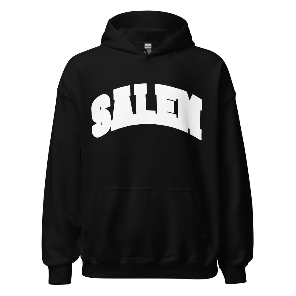 BLACK AND WHITE SALEM COLLEGIATE LOGO HOODIE S4LEM WITCH HOUSE