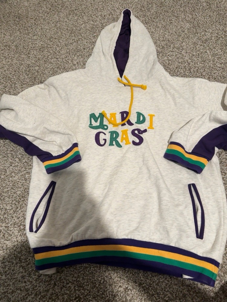 NOLA Gifts Imports Mardi Gras Hoodie Size L Purple Green Gold Pullover