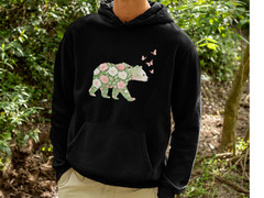 Floral Bear Hoodie Unisex Black Pullover Sweatshirt Nature Animal Graphic Gift