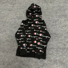 Champion Hoodie Mens Size S Black All Over Script Logo Print Athletic Sweatshirt