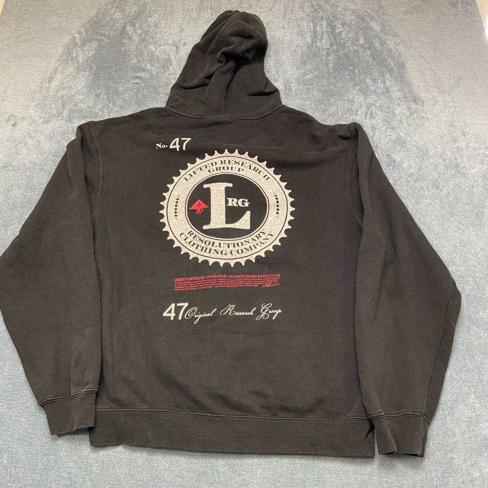 LRG Hoodie Mens Large Black Dark Wash Drawstring Outdoor Full Zip Fleece Lined
