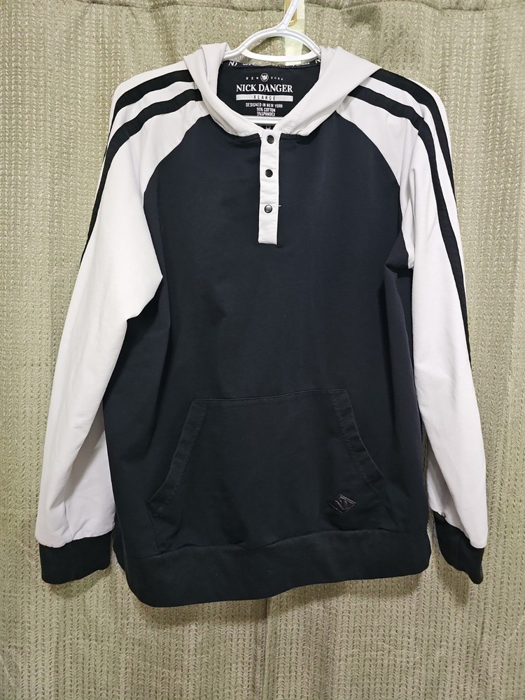 Nick Danger Men’s Black XL Hoodie Henley Pullover Black White Colorblock 3-snap