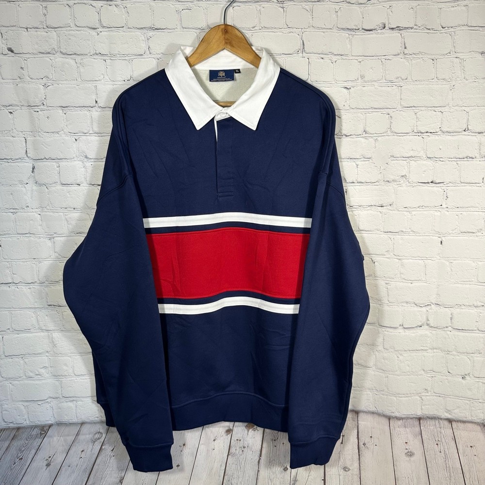 Herberton Mens XL Rugby Sweatshirt Navy Blue Red White Stripe Fleece Pullover