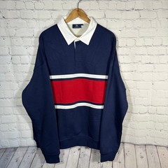 Herberton Mens XL Rugby Sweatshirt Navy Blue Red White Stripe Fleece Pullover