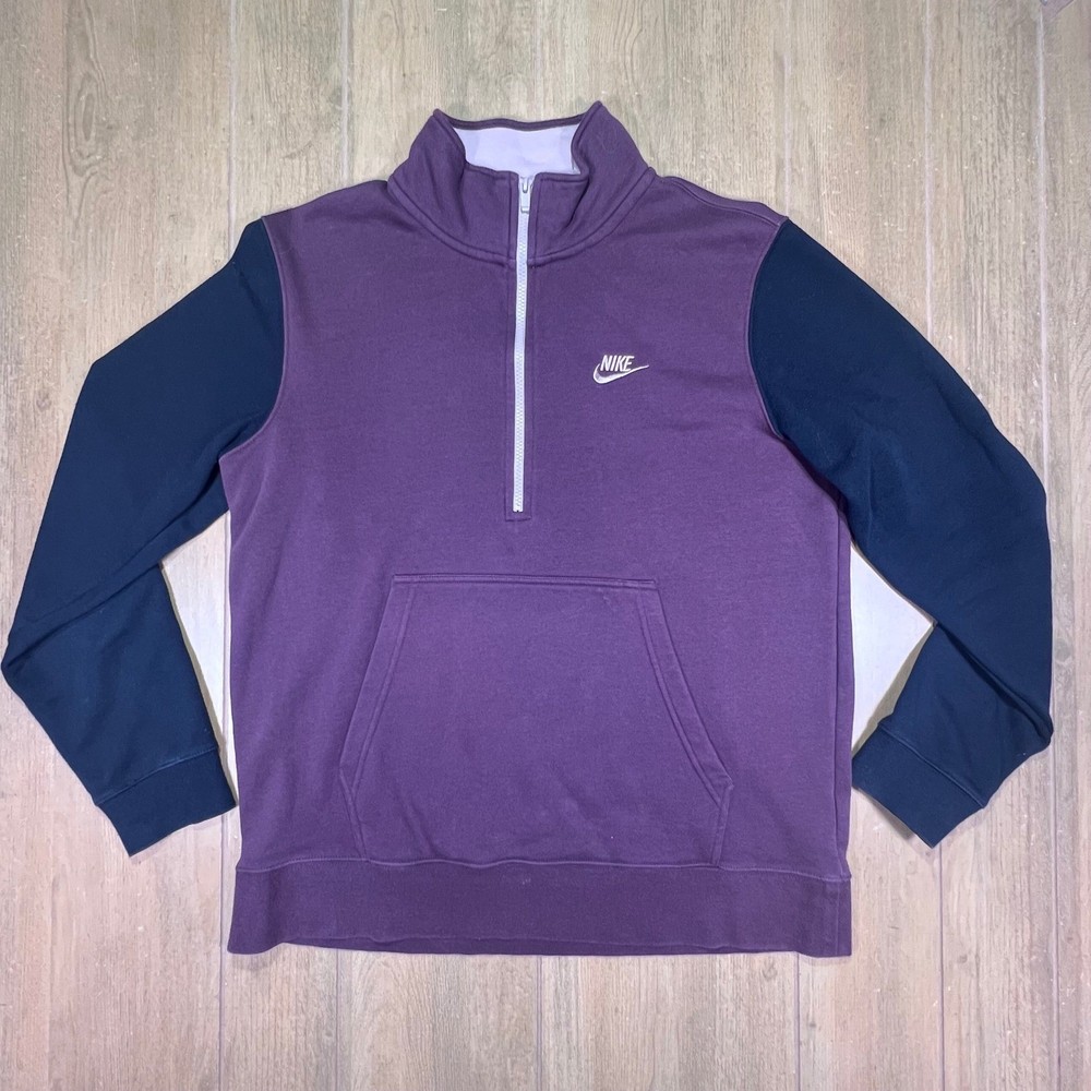 Nike Mens Club Fleece size Lg Quarter Zip Colorblock Pullover Plum Navy retro