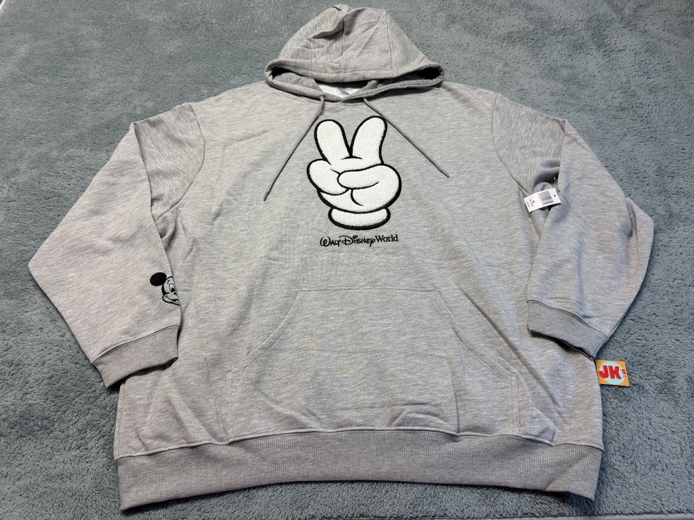 NEW Disney Peace Sign Hoodie Adult 2XL Gray Mickey Mouse Glove WDW Embroidered