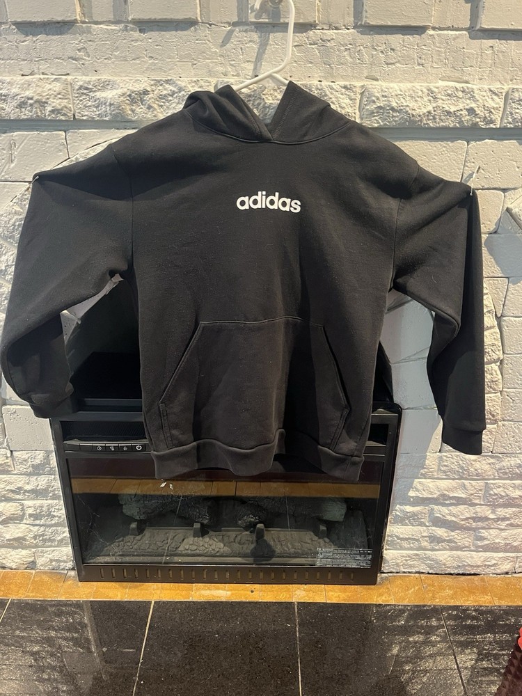 adidas Teens L Black Pullover Hoodie Cotton Blend Fleece Logo Pockets