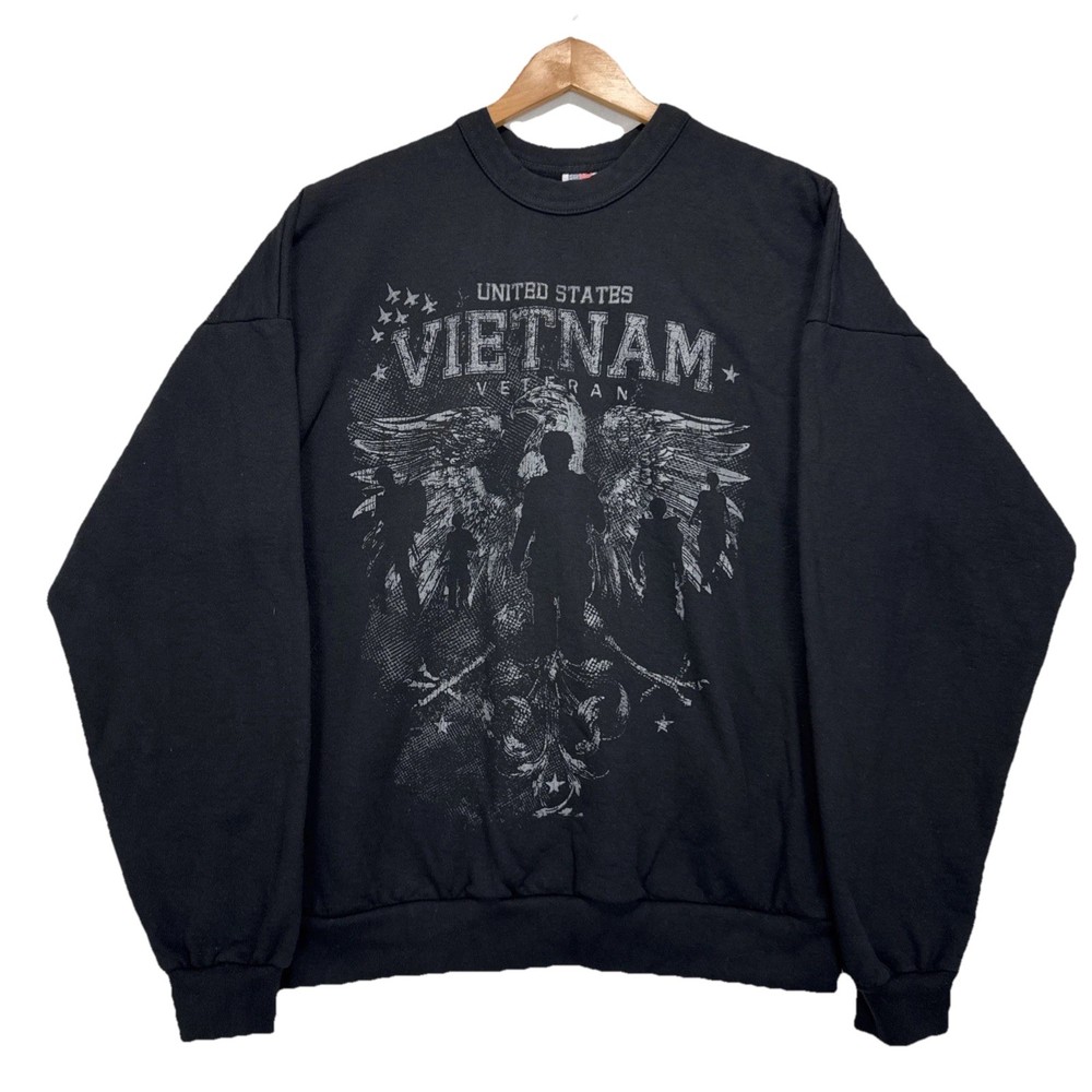 VTG Y2K US Vietnam Veteran Graphic Sweatshirt Mens L Black Made in USA Fleece