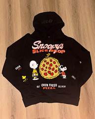 Peanuts Men’s Black Snoopy Slice Shop Graphic Pullover Hoodie XL Pockets
