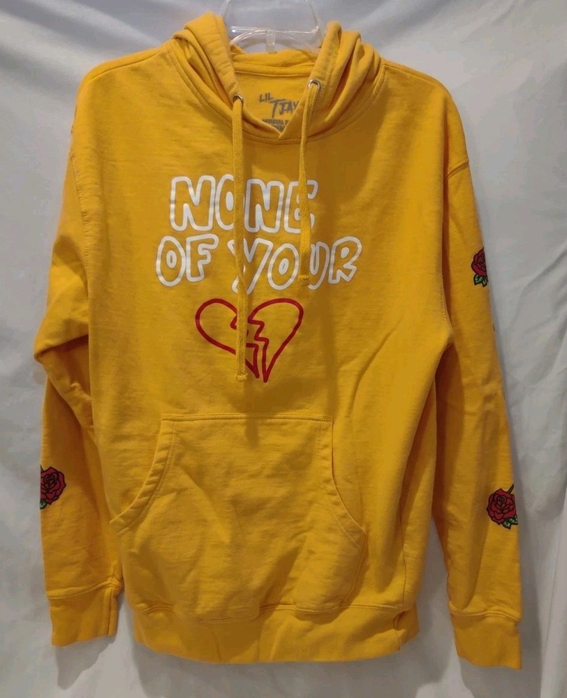Lil TJay Rapper Yellow Hoodie “NONE OF YOUR LOVE” men’s Med Roses On Arms