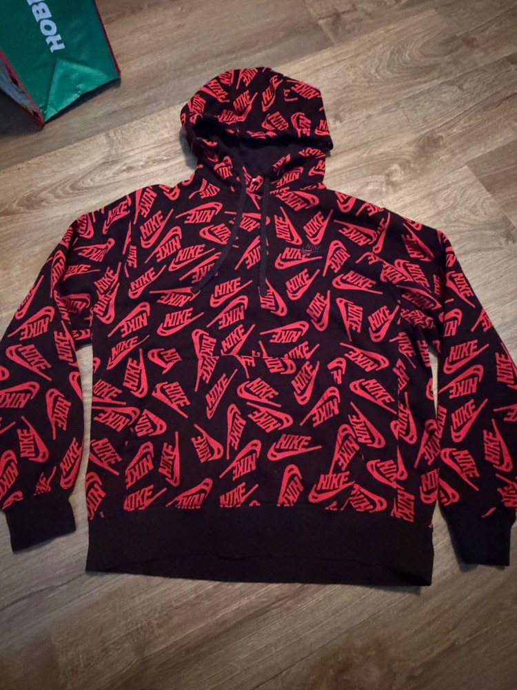 NIKE HOODIE FLEECE PULLOVER ALLOVER PRINT RED / BLACK MENS SIZE LG