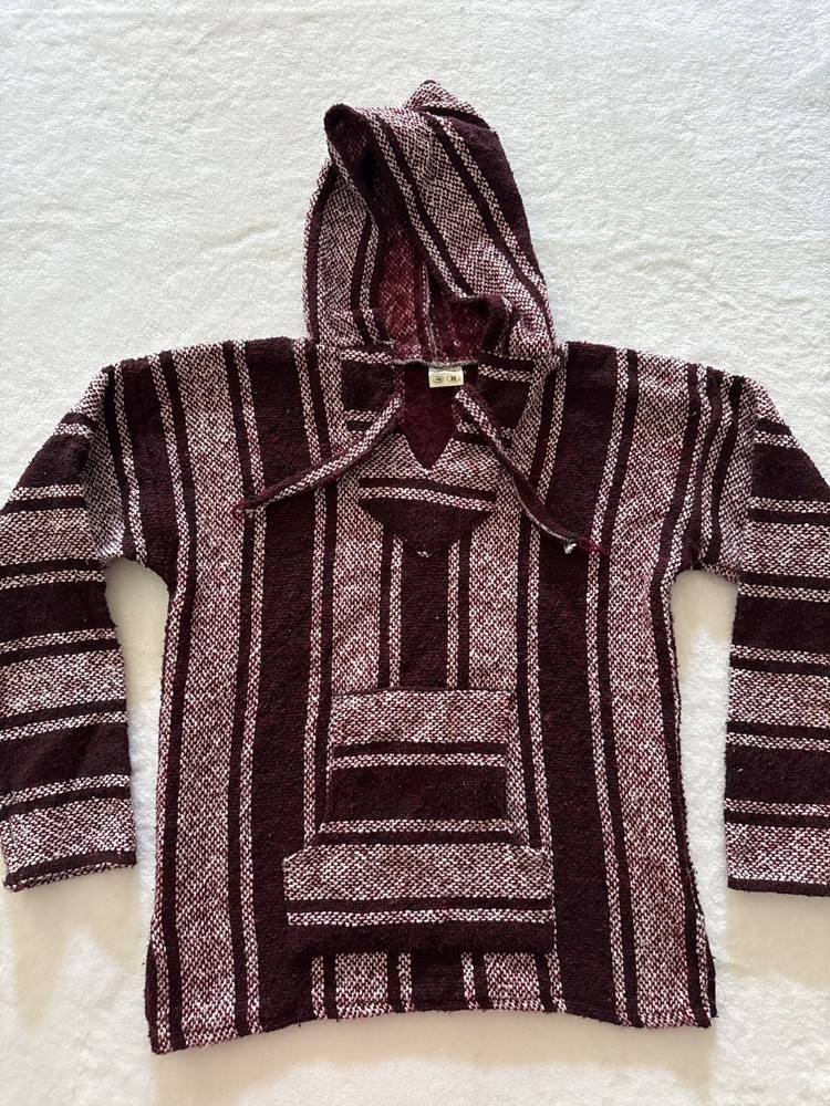 Mexican Baja Hoodie Mens M Burgundy Cream Striped Drug Rug Pullover Acrylic