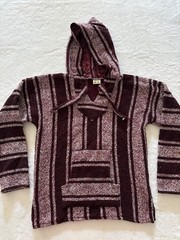 Mexican Baja Hoodie Mens M Burgundy Cream Striped Drug Rug Pullover Acrylic