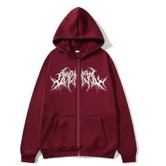 Y2K Full Zip Hoodie Men Gothic Metal Logo Graphic Sweatshirt Grunge Opium Jacket