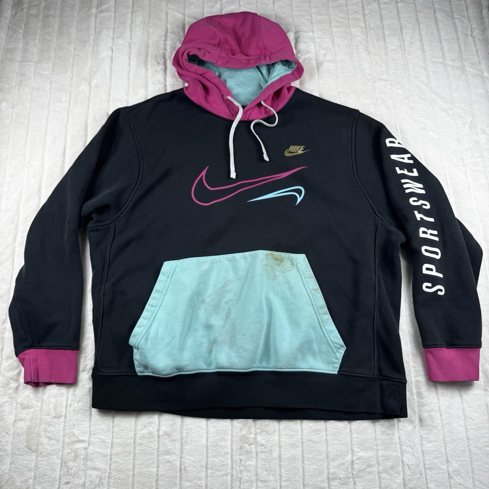Nike Miami Vice Club Sportswear Pullover Hoodie Black Teal Pink Men’s 2XL Read*