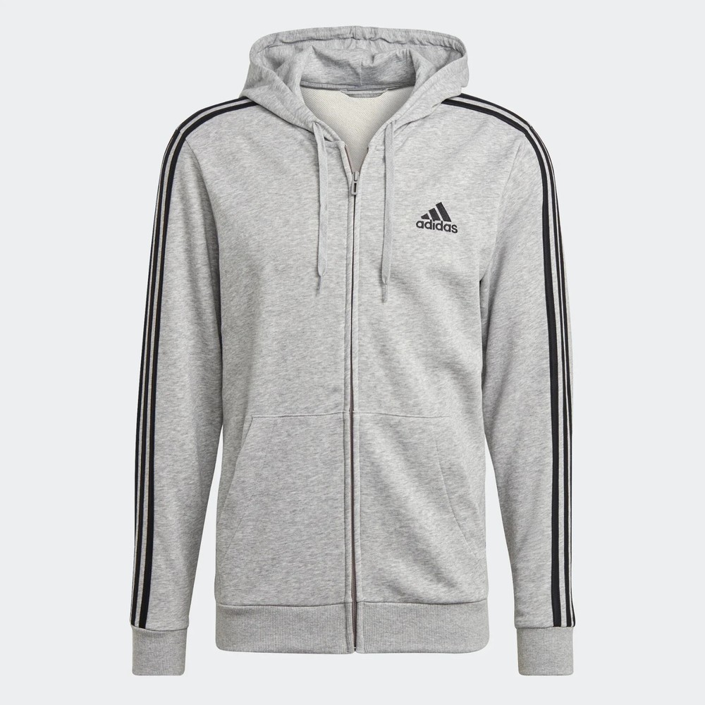 Adidas Men’s Essentials French Terry 3-Stripes full-zip Hoodie Small Gray